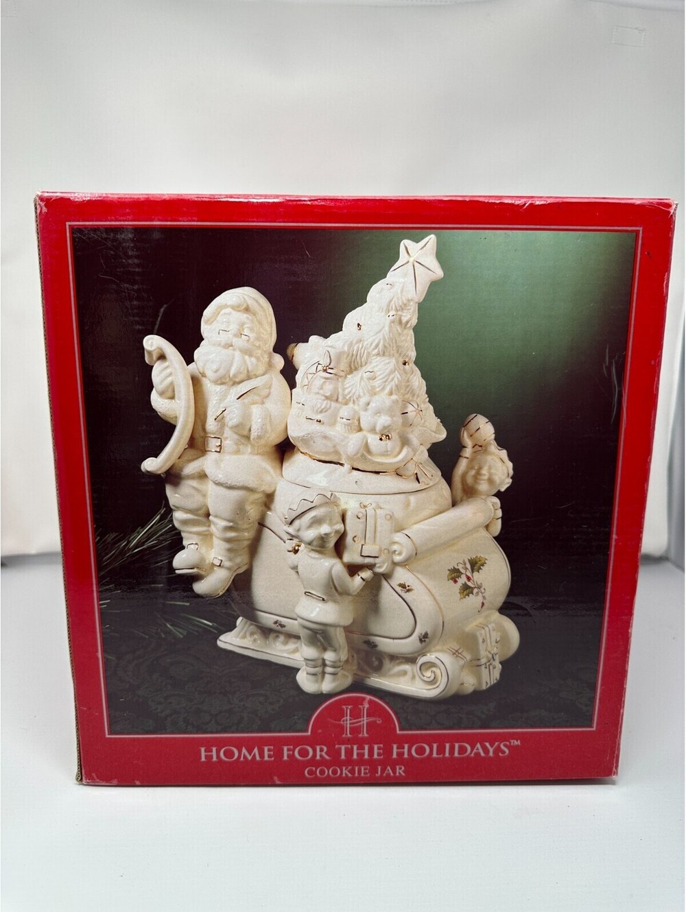 Vintage Home for the Holidays Christmas Cooke Jar 1999 Santa Sleigh elves
